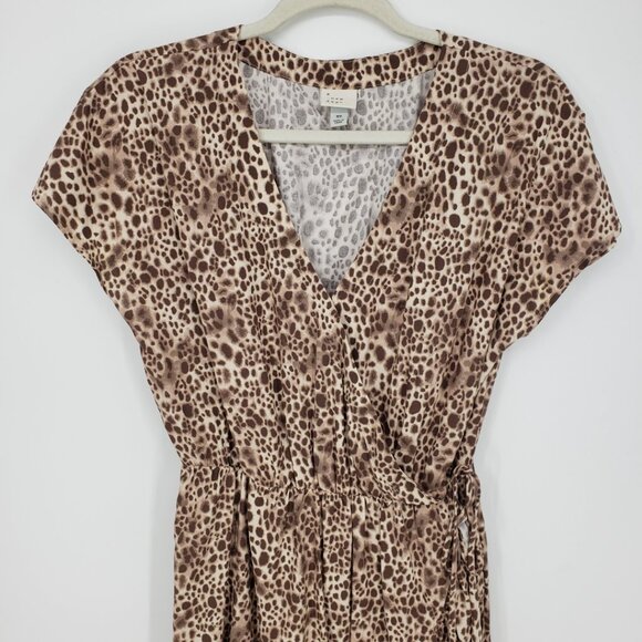 3/$25 A New Day Leopard Print Faux Wrap Dress XS Ruffle High Low Hem Brown - Picture 4 of 9